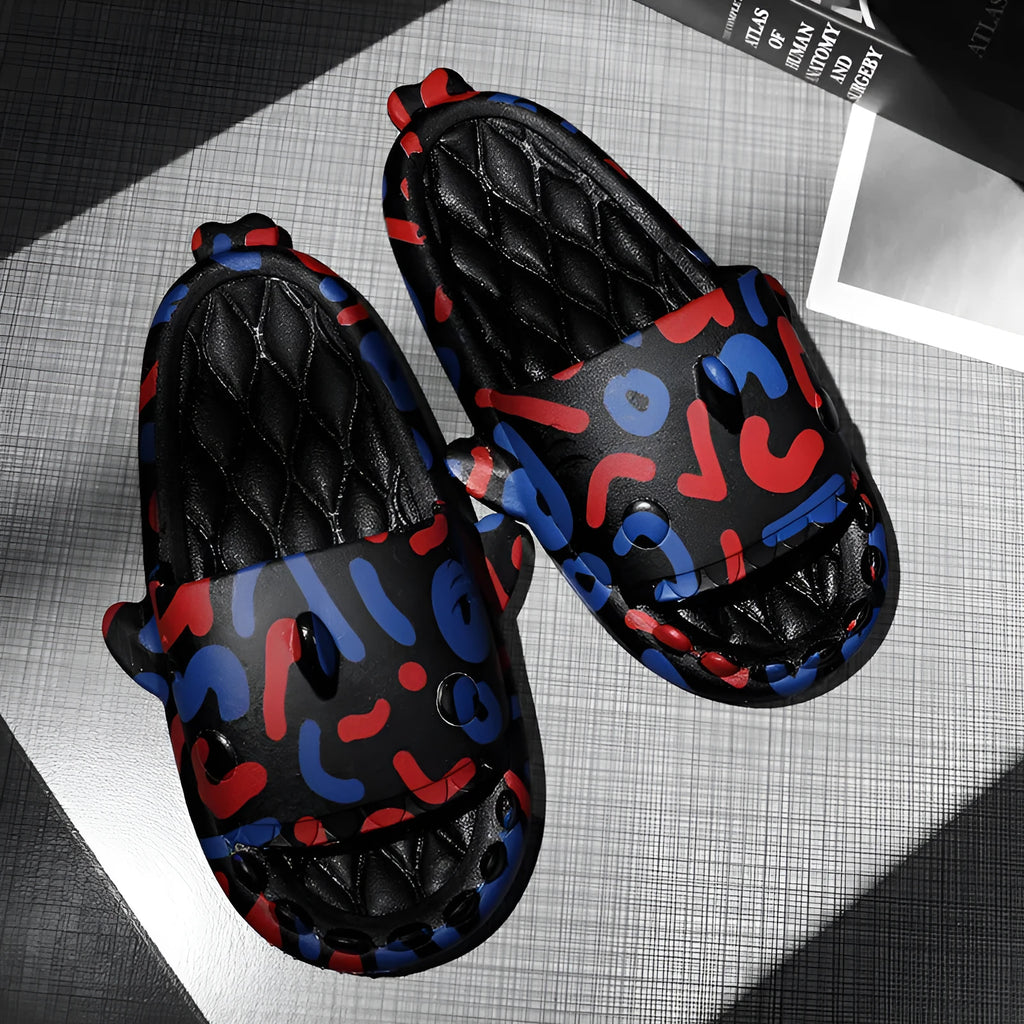 Shark-themed open toe EVA slippers for home wear, shown in beige colour.