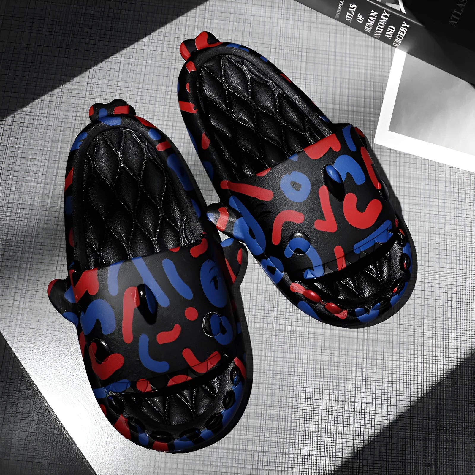 Shark-themed open toe EVA slippers for home wear, shown in beige colour.