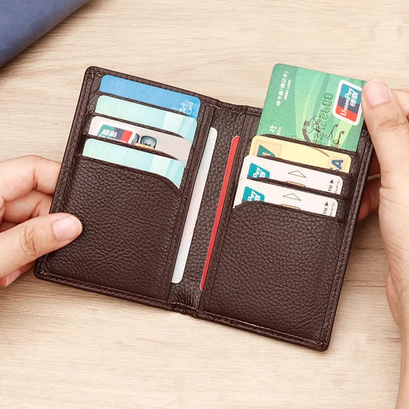 Men's genuine cowhide leather credit card holder in solid colour black, compact 10x7x1 cm