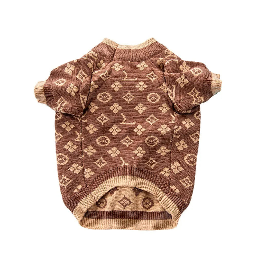 Wool knit dog sweater in winter colours showing thick knit construction and full-body coverage design