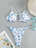 Women's floral tie-neck triangle swimsuit set with polyester-lined top and shorts in multicolour