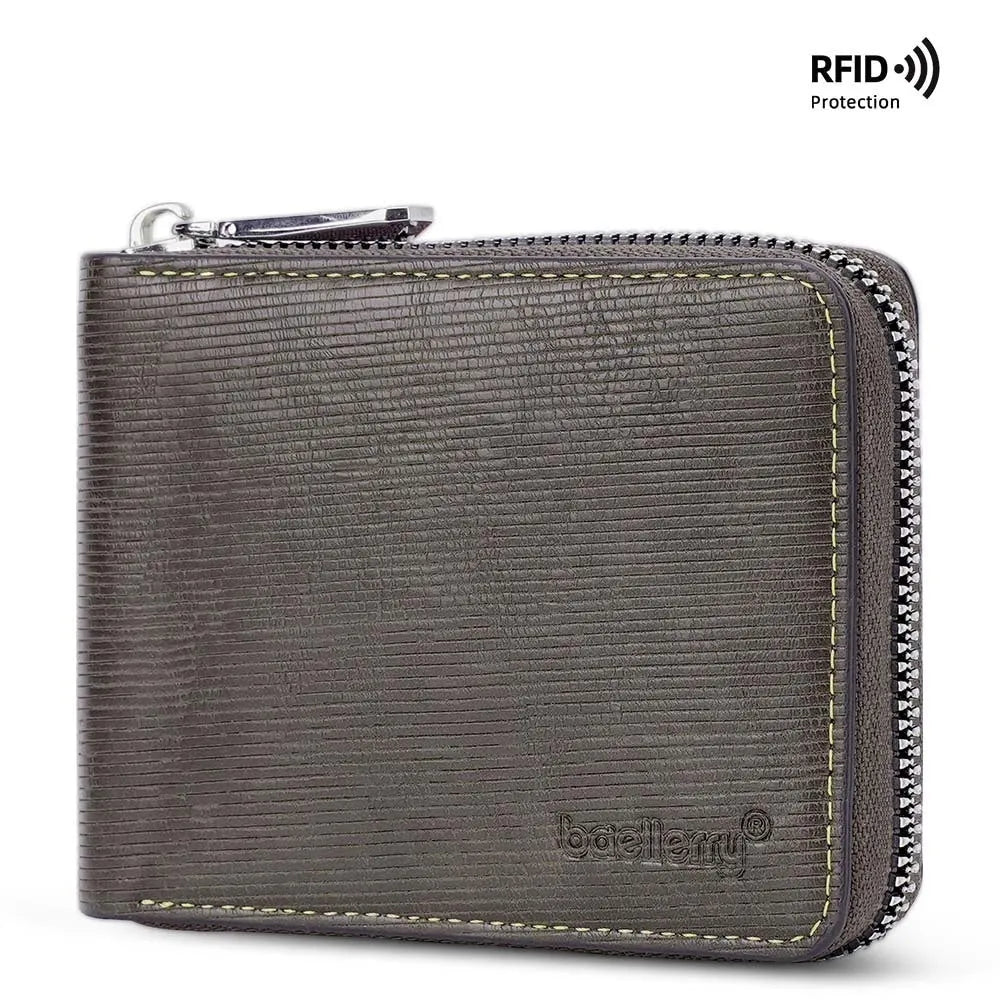 Leather anti-theft credit card zipper wallet in black embossed PU with full zip closure