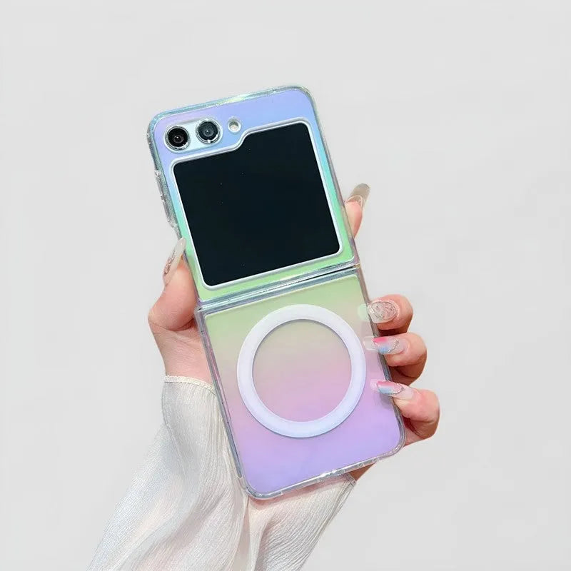 Colorful transparent acrylic magnetic phone case for Samsung Galaxy with drop-resistant protection and magnetic suction feature.