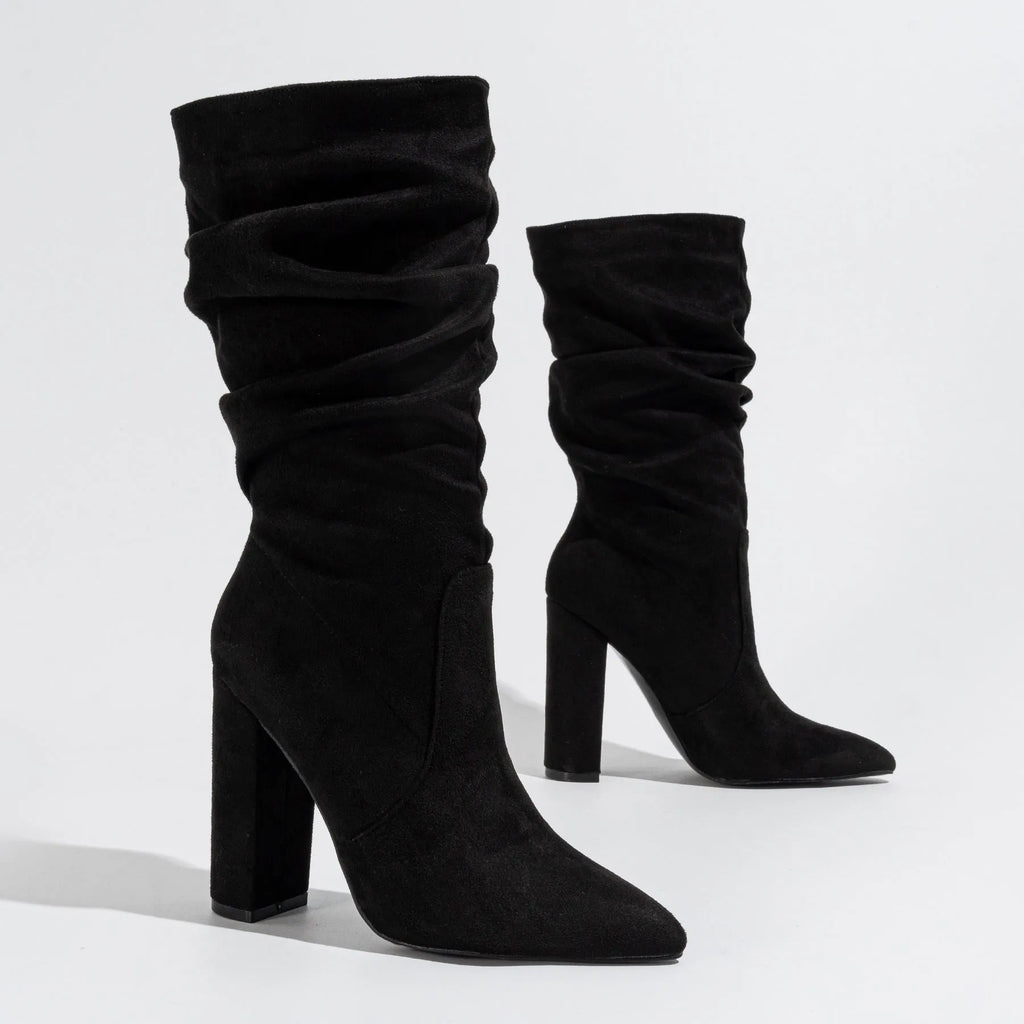 Women's chunky heel pointed-toe suede boots in black, apricot or red with super high heels