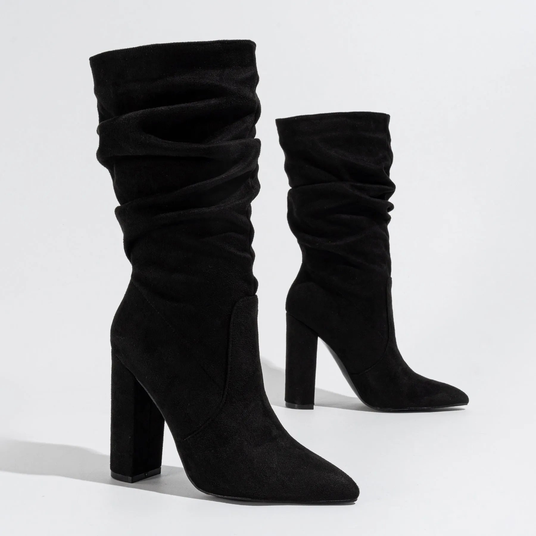 Women's chunky heel pointed-toe suede boots in black, apricot or red with super high heels