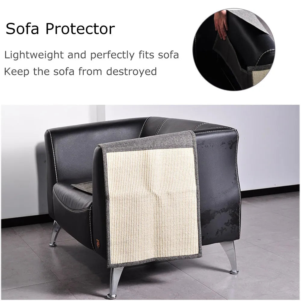 Beige cat scratch board sisal pad on sofa armrest for furniture protection, handrail style