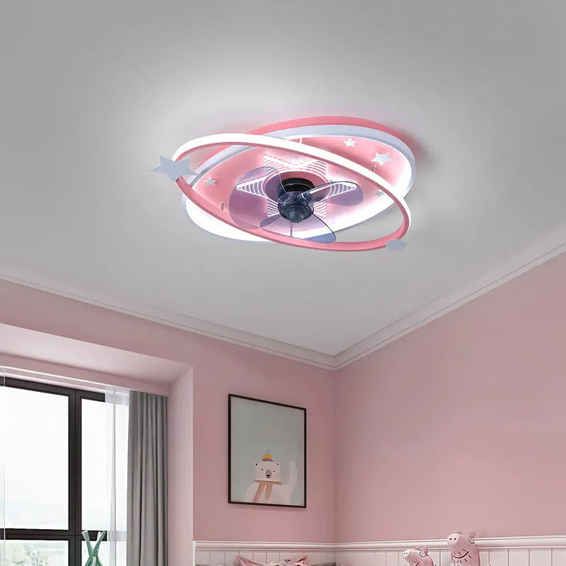 Modern blue children's bedroom ceiling fan with integrated tri-colour LED light and remote control.