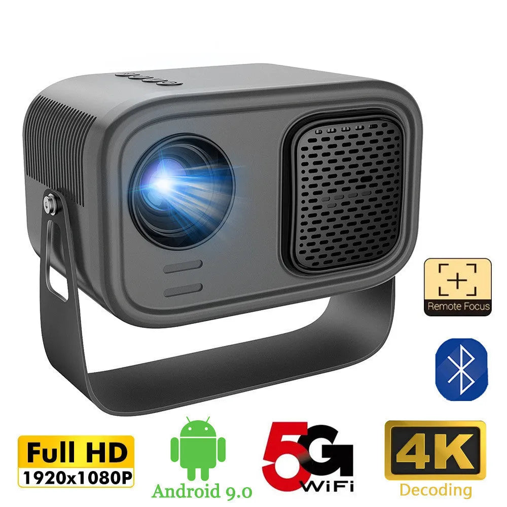 Black HD portable projector with remote control on home office desk