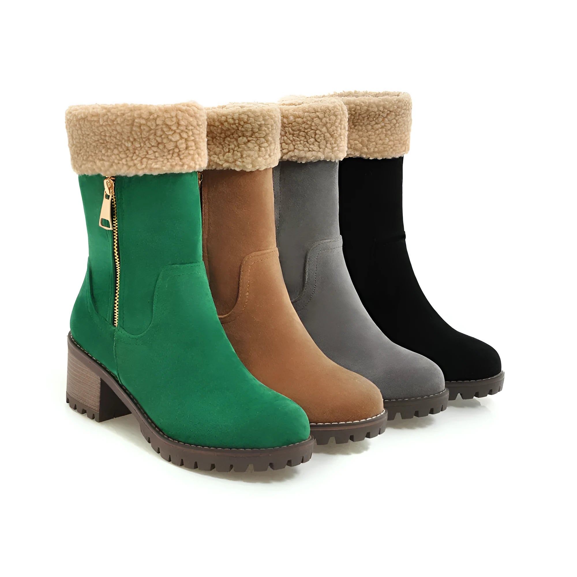 Ankle-high snow boots with a rubber sole and plush lining, shown in black, grey, green, and orange.
