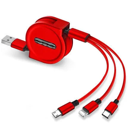 A black telescopic charging cable with titanium alloy connectors, extended to show its 120 cm length.