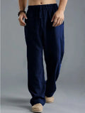 Men's breathable linen loose casual sports pants in khaki with elastic waistband, available in sizes S to 5XL