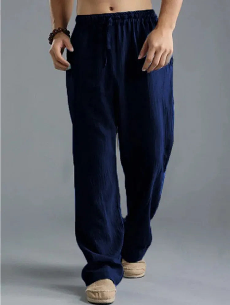 Men's breathable linen loose casual sports pants in khaki with elastic waistband, available in sizes S to 5XL
