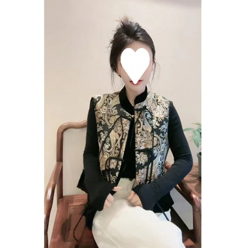 Women's Tang Suit retro vest with plant and flower pattern and button front cardigan style in picture colour