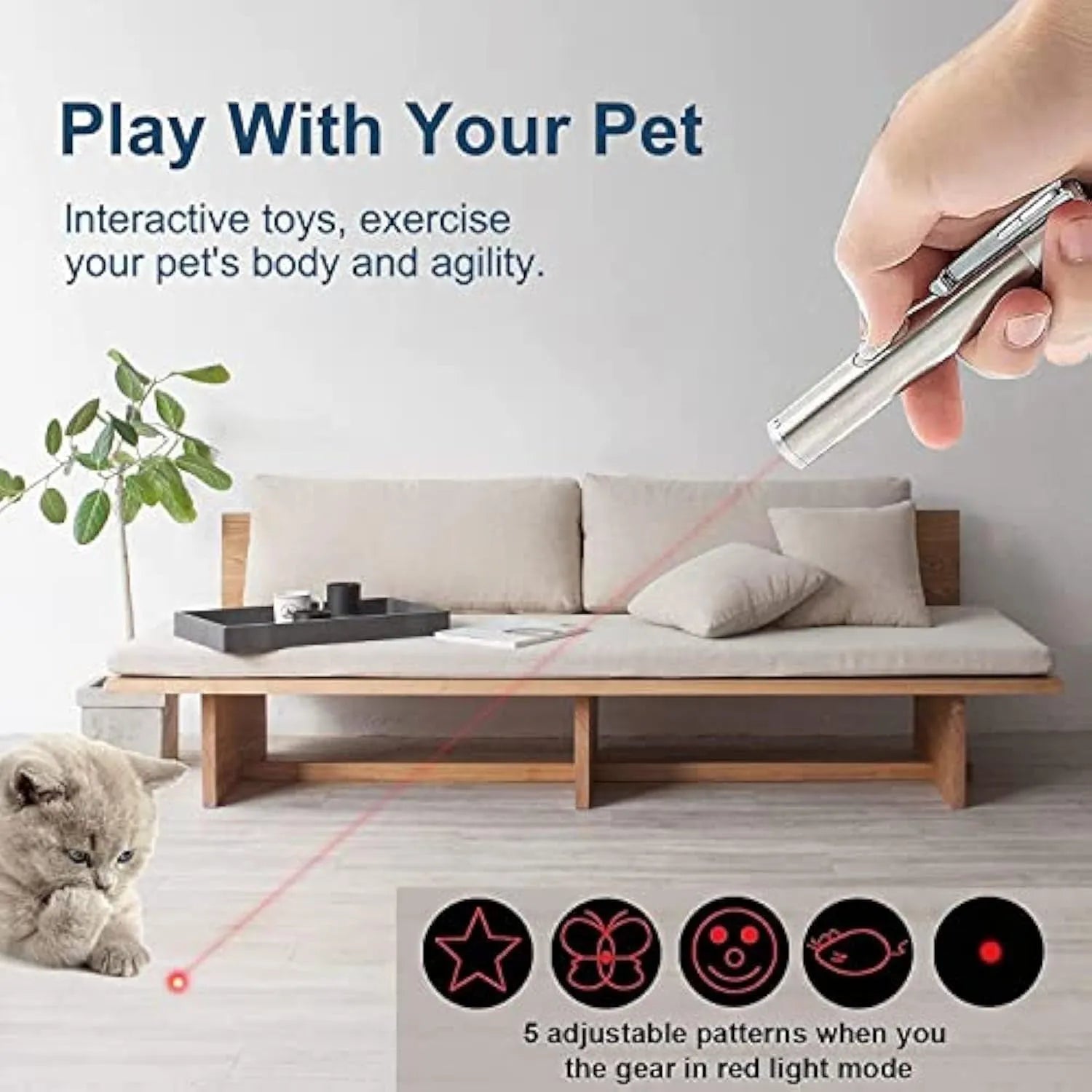 Silver aluminium cat laser pointer showing mouse and butterfly light patterns on a wall.