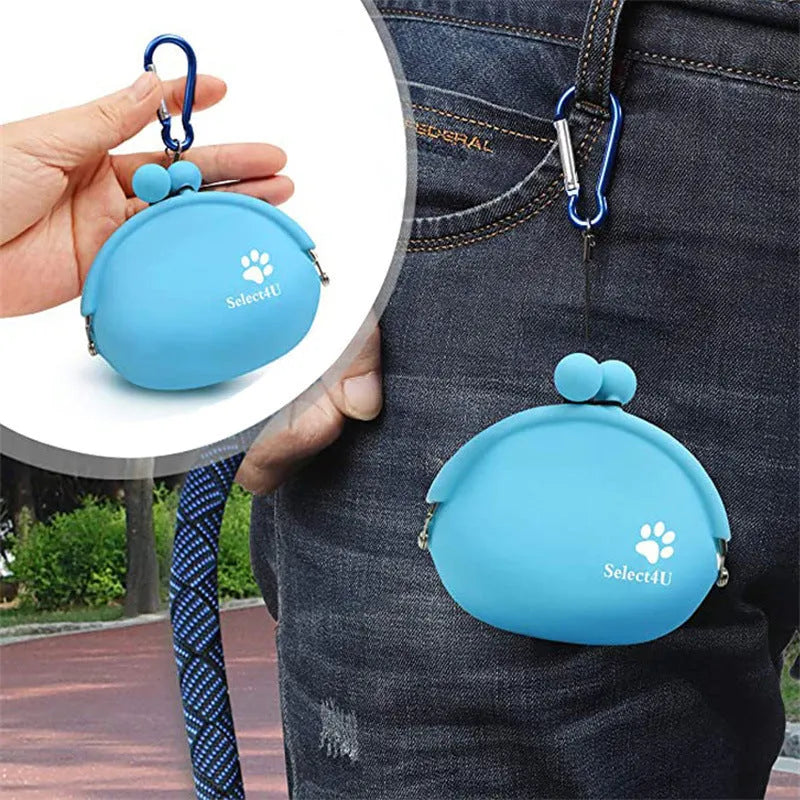 Silicone dog treat waist pouch with hook-and-loop closure in assorted colours