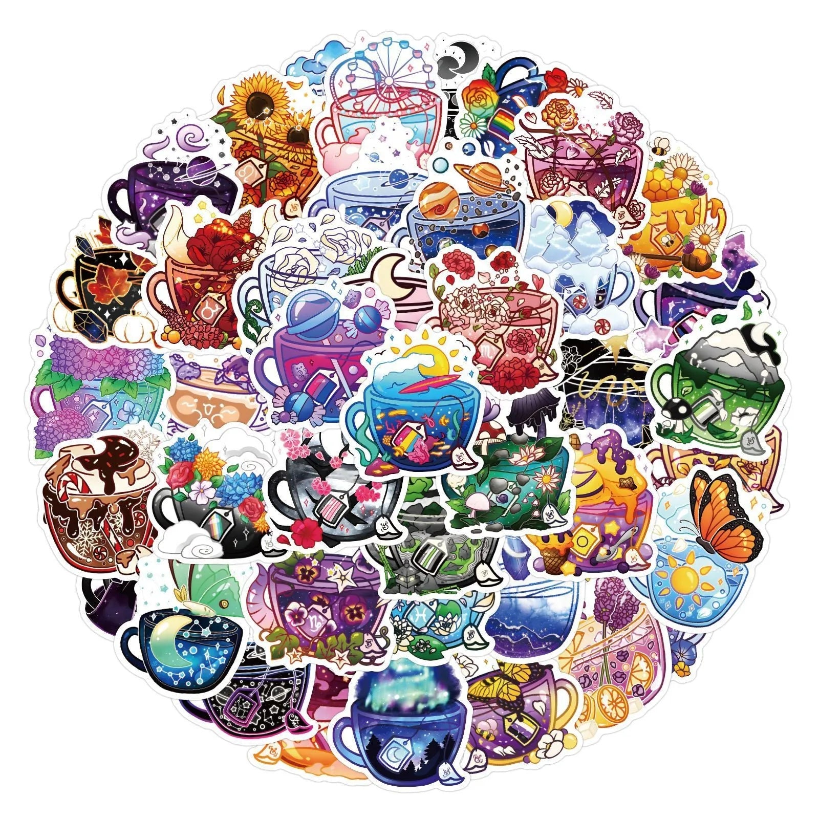 Pack of 50 colourful tea cup graffiti waterproof vinyl stickers in Nordic style for luggage and scooters.