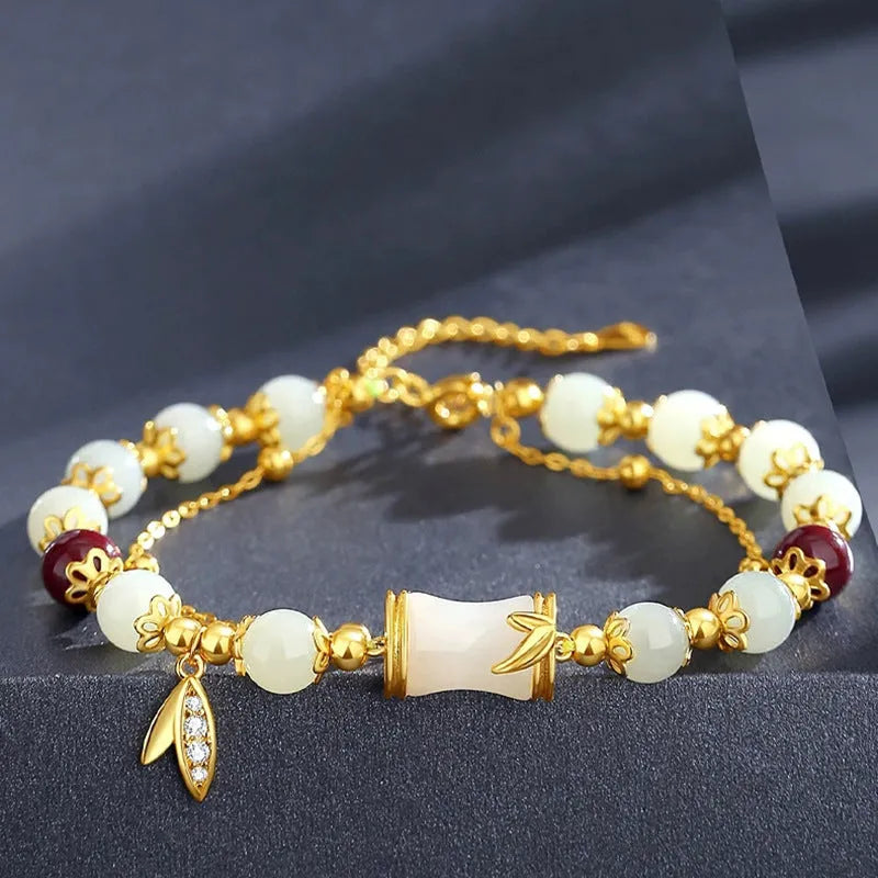 Retro unisex glass coloured glaze bracelet with flower-shaped Ruyi charm in green and electroplated finish