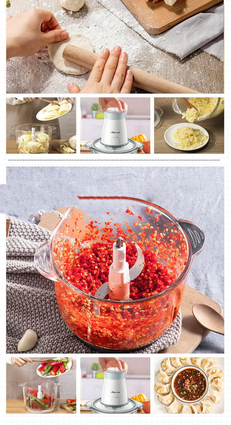 2L glass bowl electric vegetable chopper blender with stainless steel interface and blade assembly