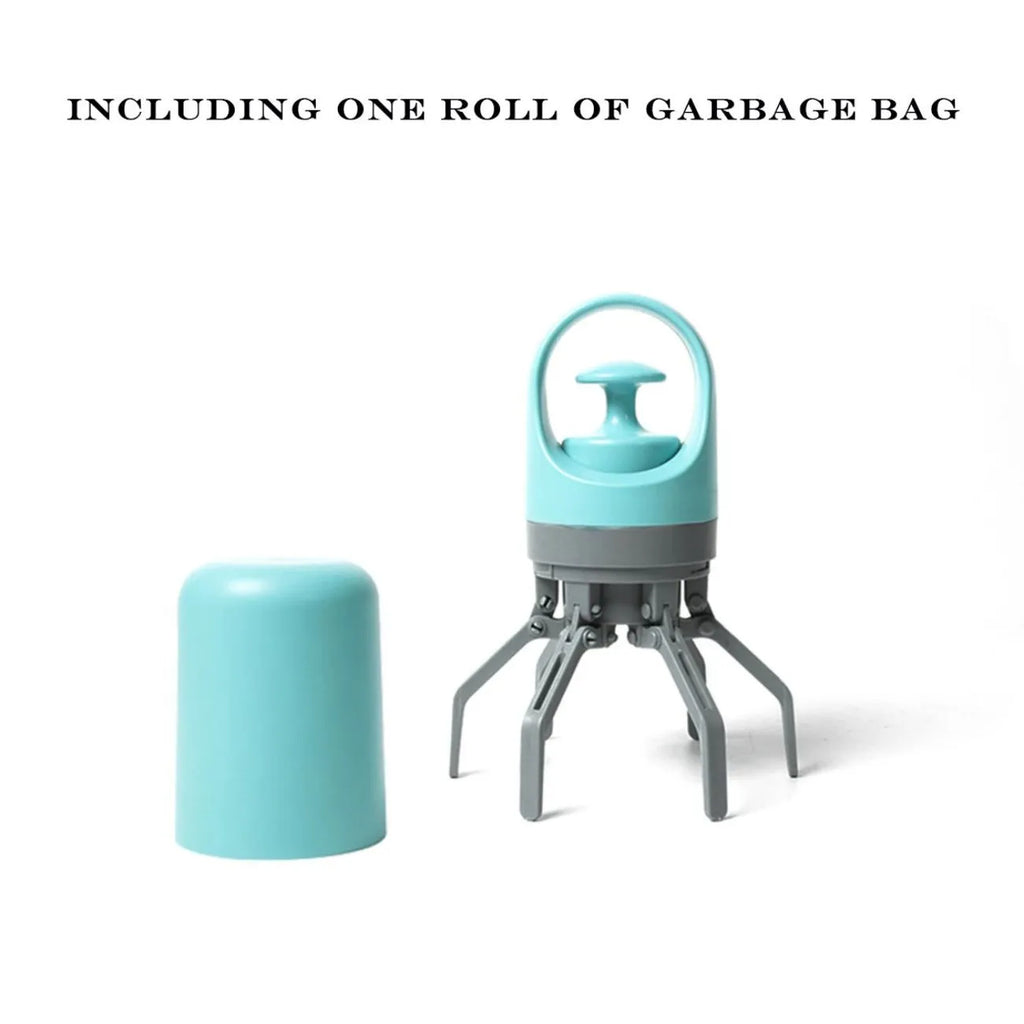 Blue dog pooper scooper with claw mechanism and bag dispenser on grass