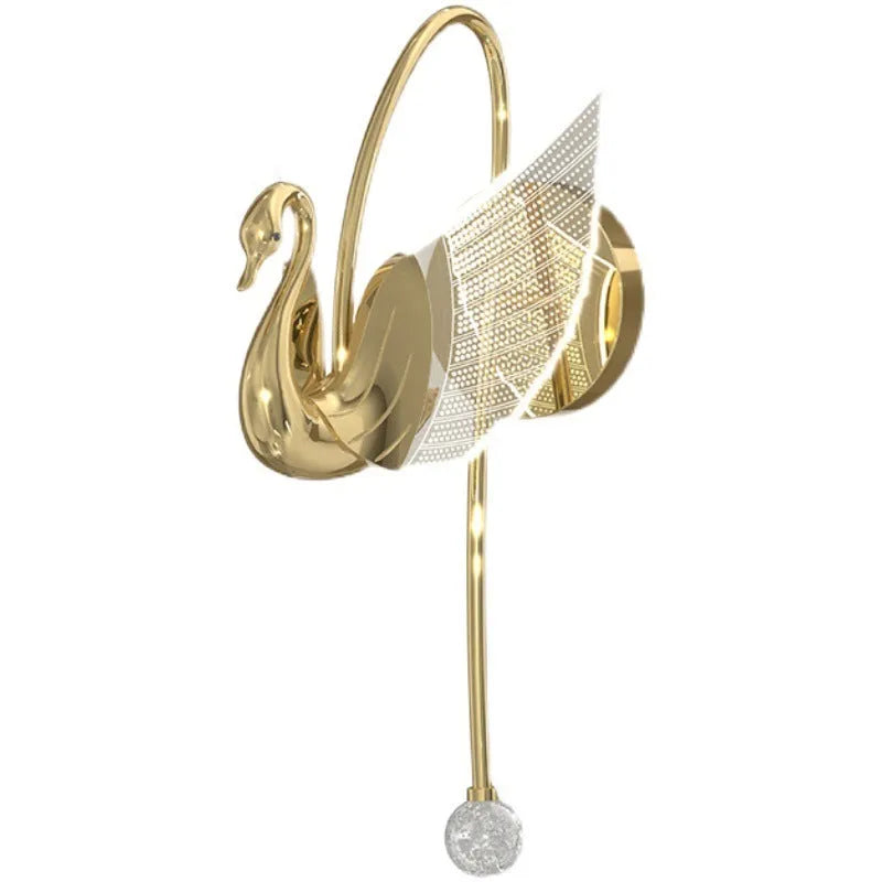 Gold swan-shaped wall lamp with iron construction and acrylic shade