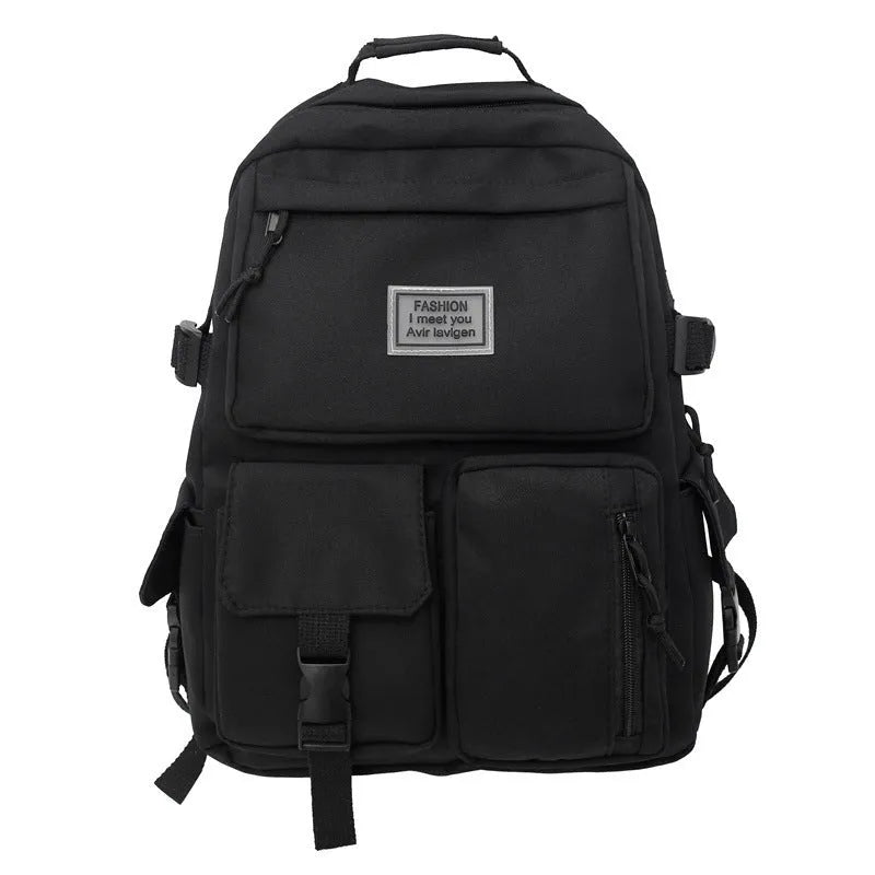 Soft nylon student backpack with computer compartment and three-dimensional pockets in black colour