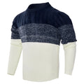 Men's casual colour block long sleeve cable knit pullover sweater in blue, with crew neck and ribbed cuffs