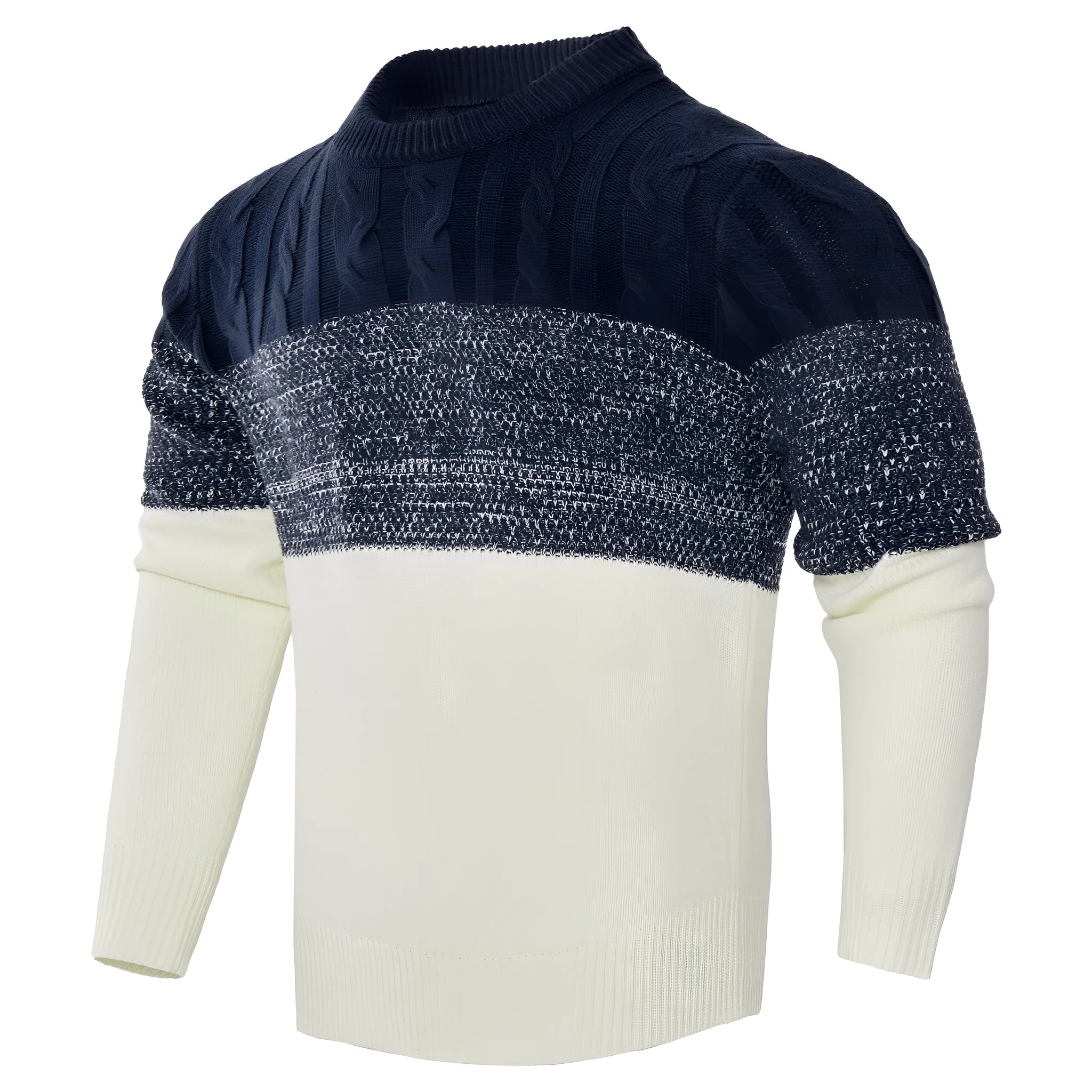Men's casual colour block long sleeve cable knit pullover sweater in blue, with crew neck and ribbed cuffs