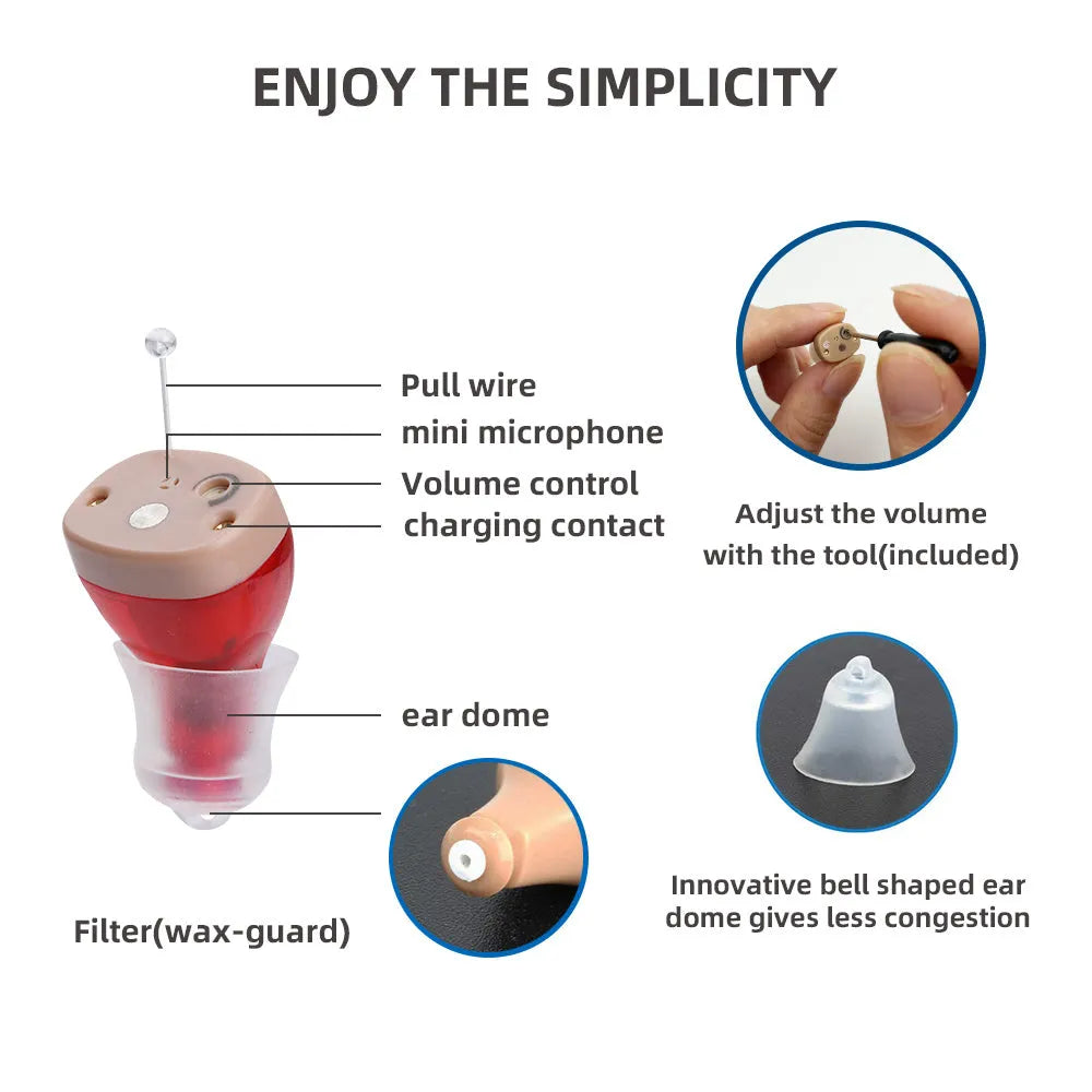 Rechargeable hearing aids with magnetic charging case in beige, red and blue