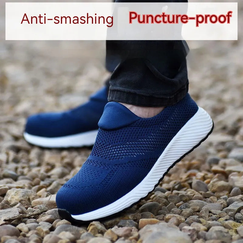Men's lightweight anti-smash anti-puncture steel toe work shoes in black with mesh upper low-top design