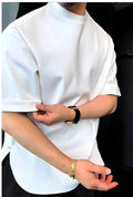 Men's white buttoned round hem T-shirt with adjustable front fastening and contemporary silhouette
