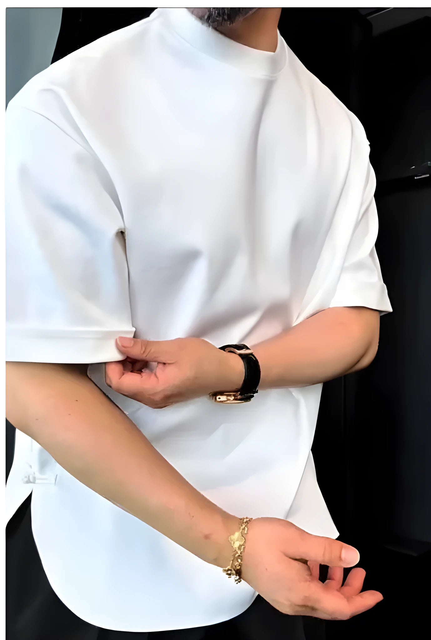 Men's white buttoned round hem T-shirt with adjustable front fastening and contemporary silhouette