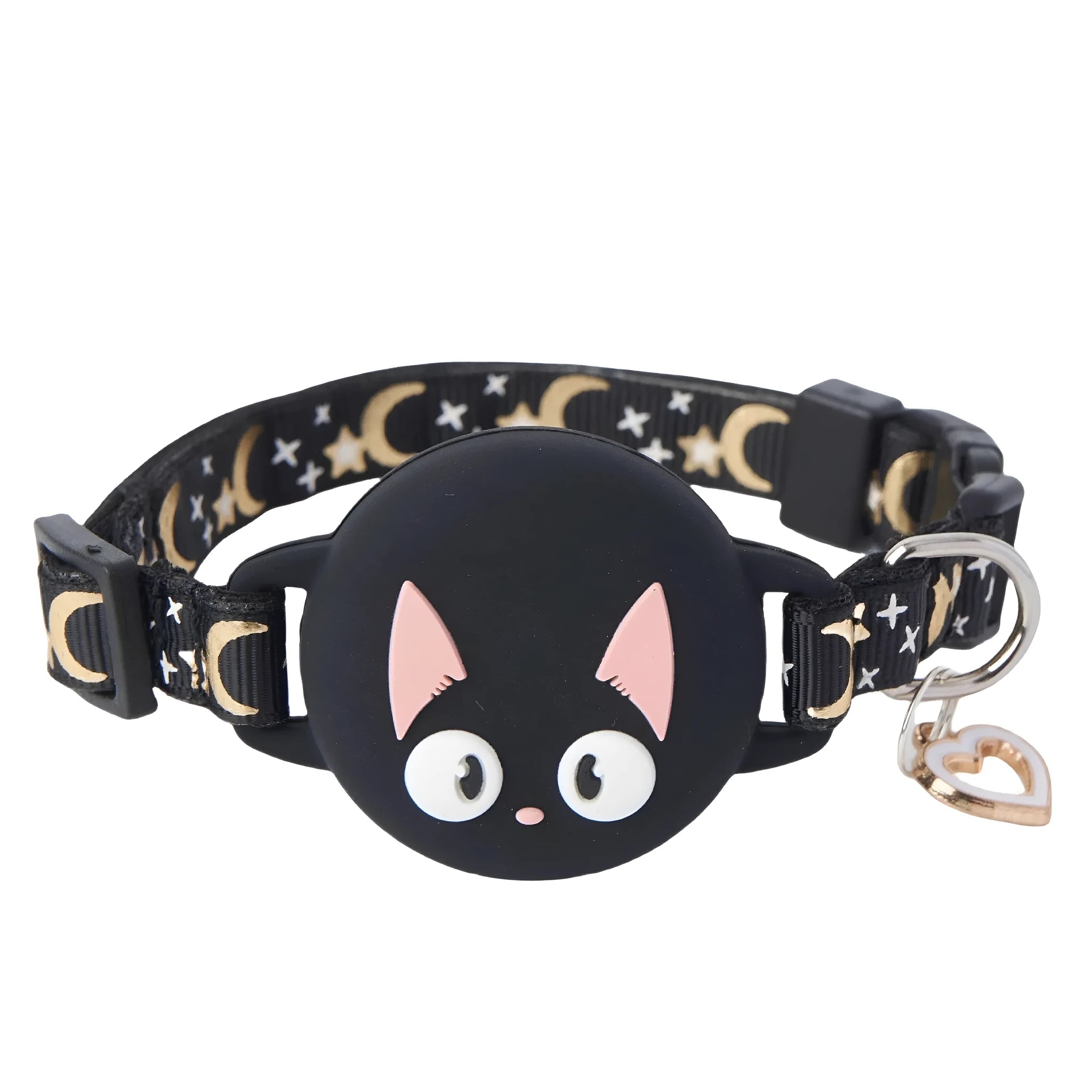 Adjustable plastic AirTag cat collar in pink colour with Apple Tag protective case attached