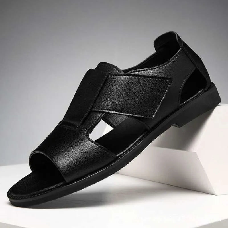 Men's black and brown casual sandals with open toe design and rubber soles