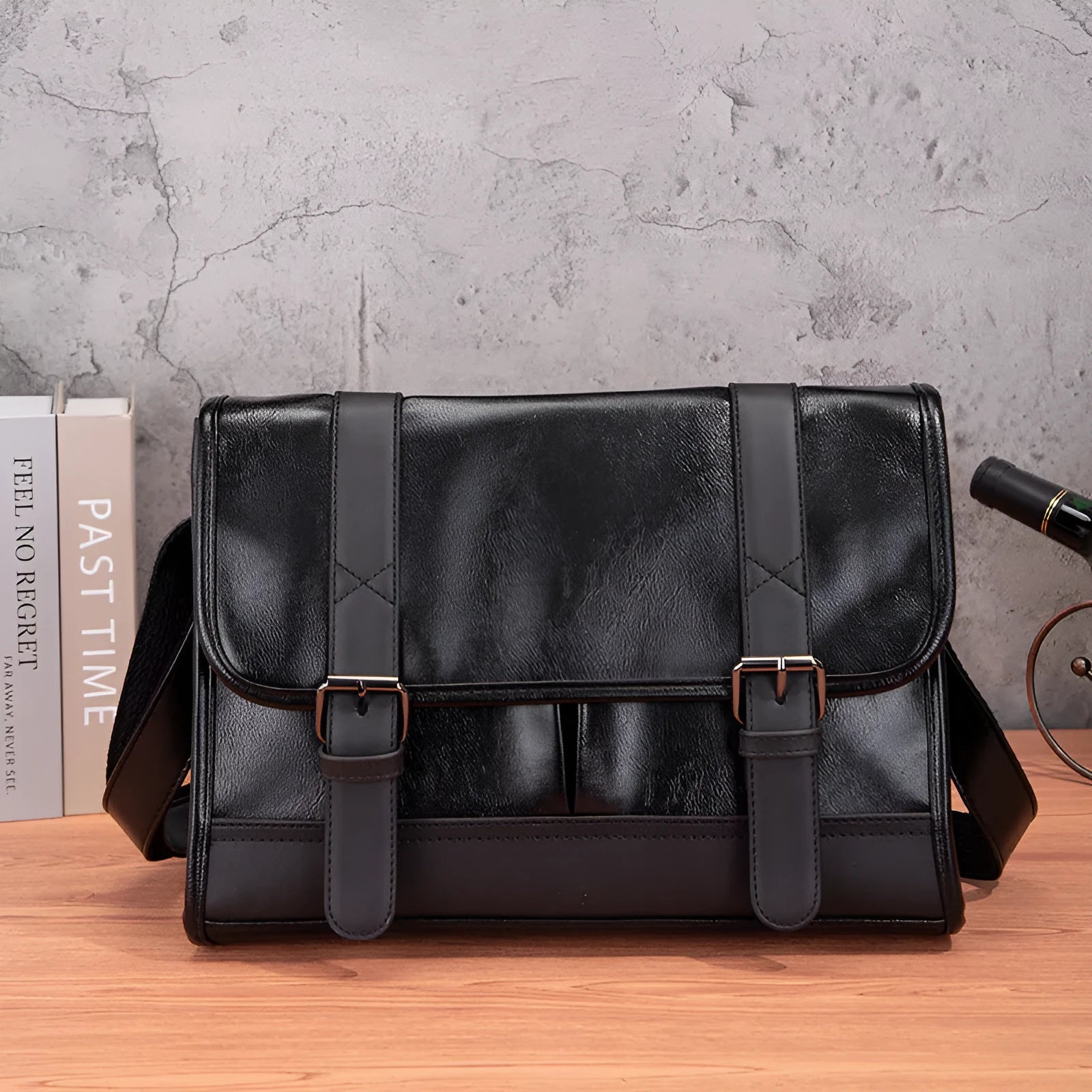 Black Korean-style anti-theft men's backpack made of pu leather with external sewing thread design.
