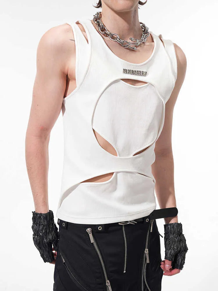 Men's black and white sleeveless waistcoat with hollow thread design and round neck