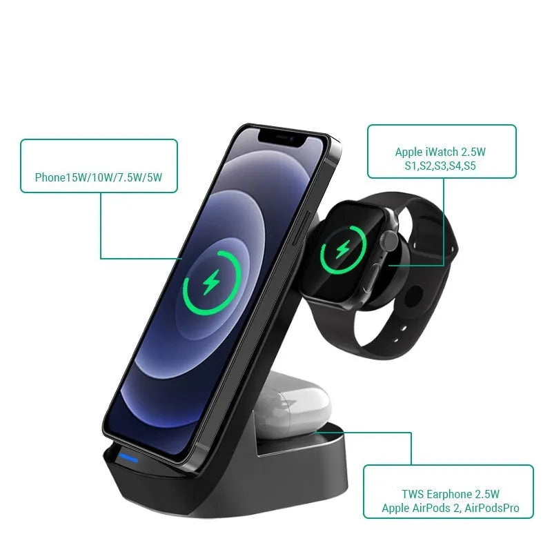 Black foldable 3-in-1 wireless charger stand vertical view showing phone watch and earbud charging spots