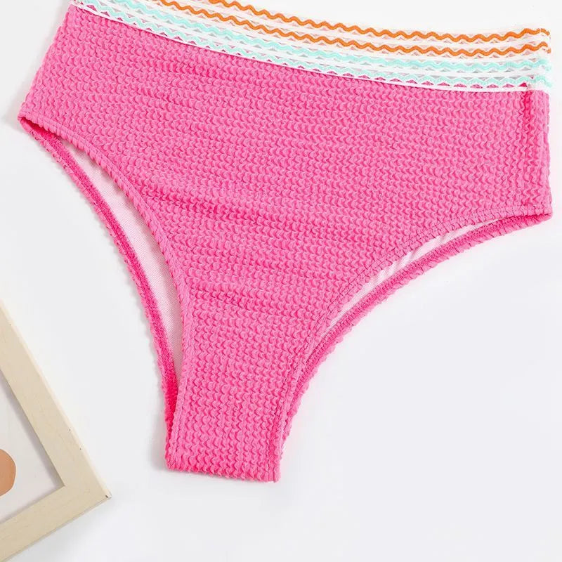 High waist split bikini in solid colour, nylon fabric, white and pink options, sizes S to XL