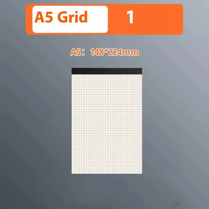 Tearable A5, B5 and A4 writing pads with 80 sheets, showing horizontal line, grid, and blank page options.