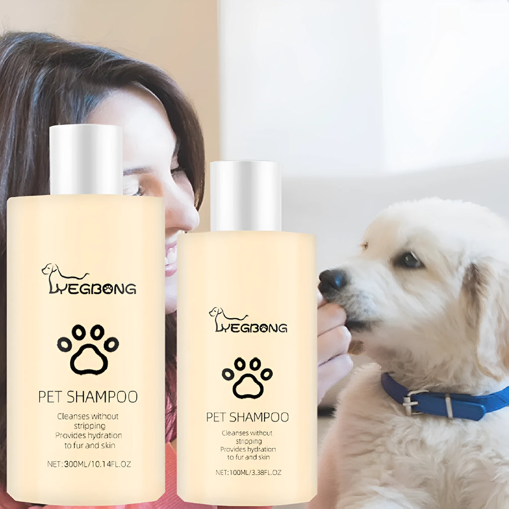 Bottle of mild pet shampoo for dogs and cats, showing 100ml and 300ml size options.
