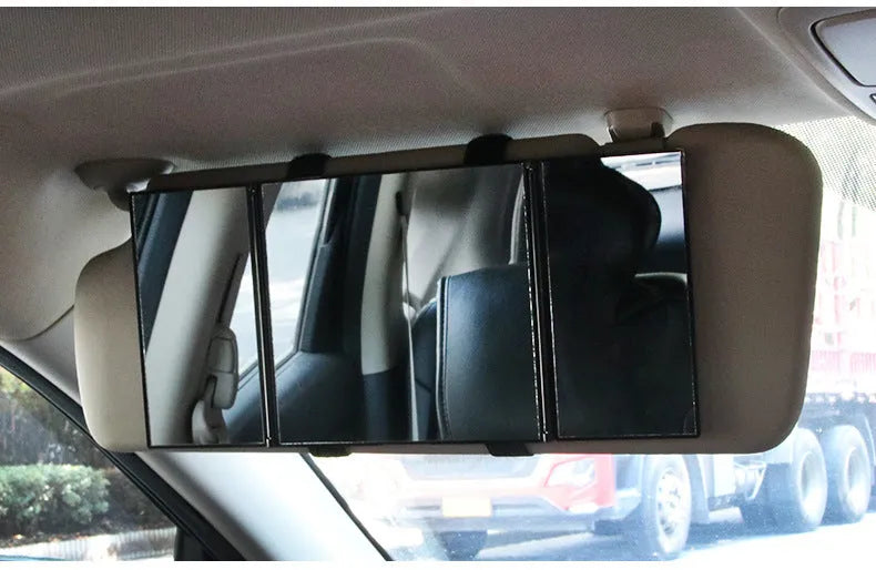Silver car folding makeup mirror open showing 30.5cm width with ABS frame and glass surface