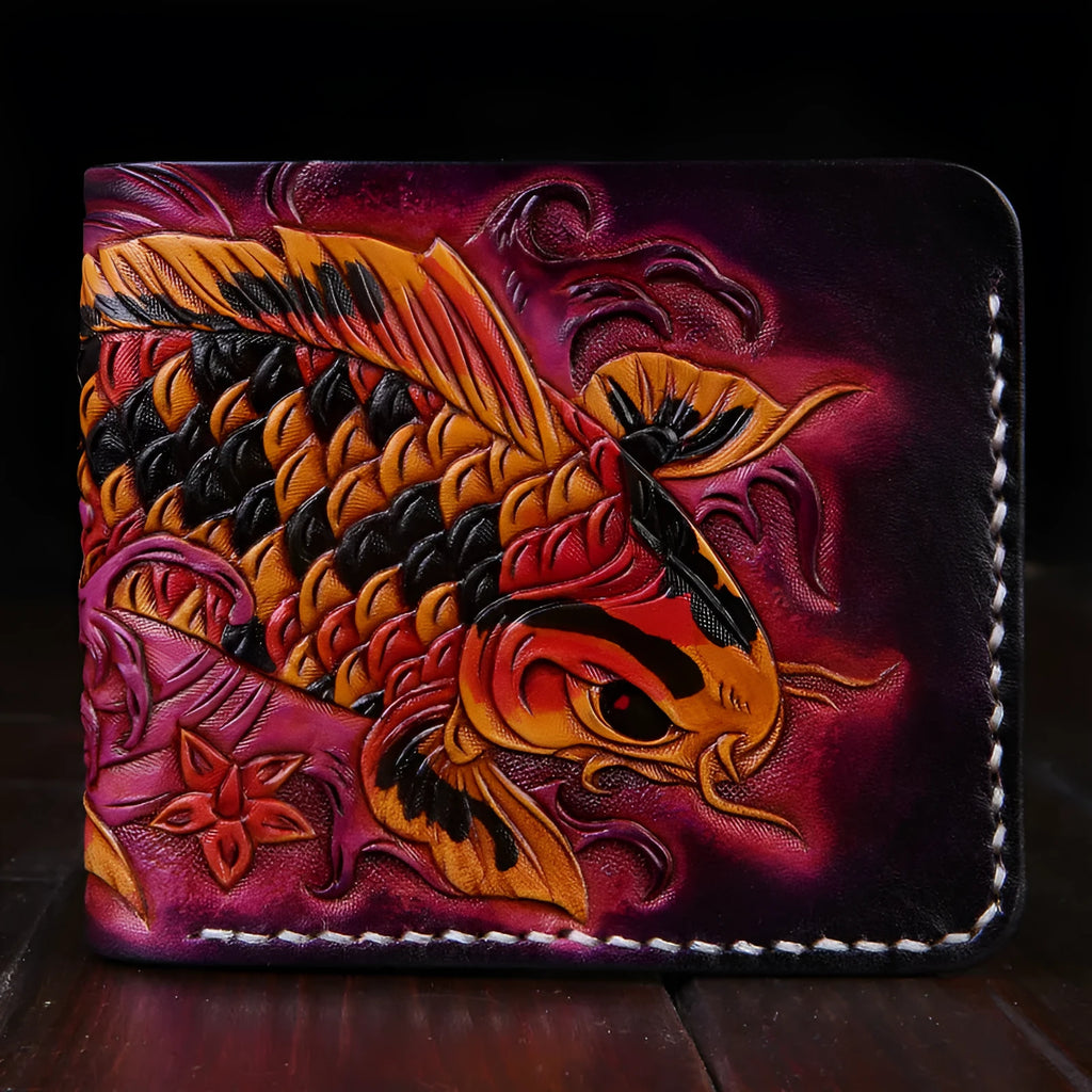 Men's cow leather carving wallet with open closure in red, blue, or gold colours showing texture detail