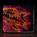 Men's cow leather carving wallet with open closure in red, blue, or gold colours showing texture detail
