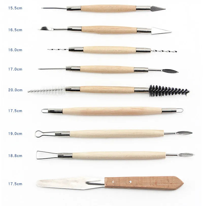 27-piece pottery clay tool set in a brown roll package for sculpting and DIY
