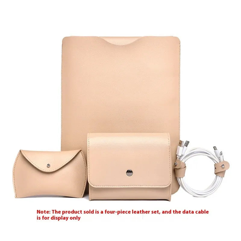 Four-piece set of leather laptop edge protectors in apricot, brown, gray and light pink colours