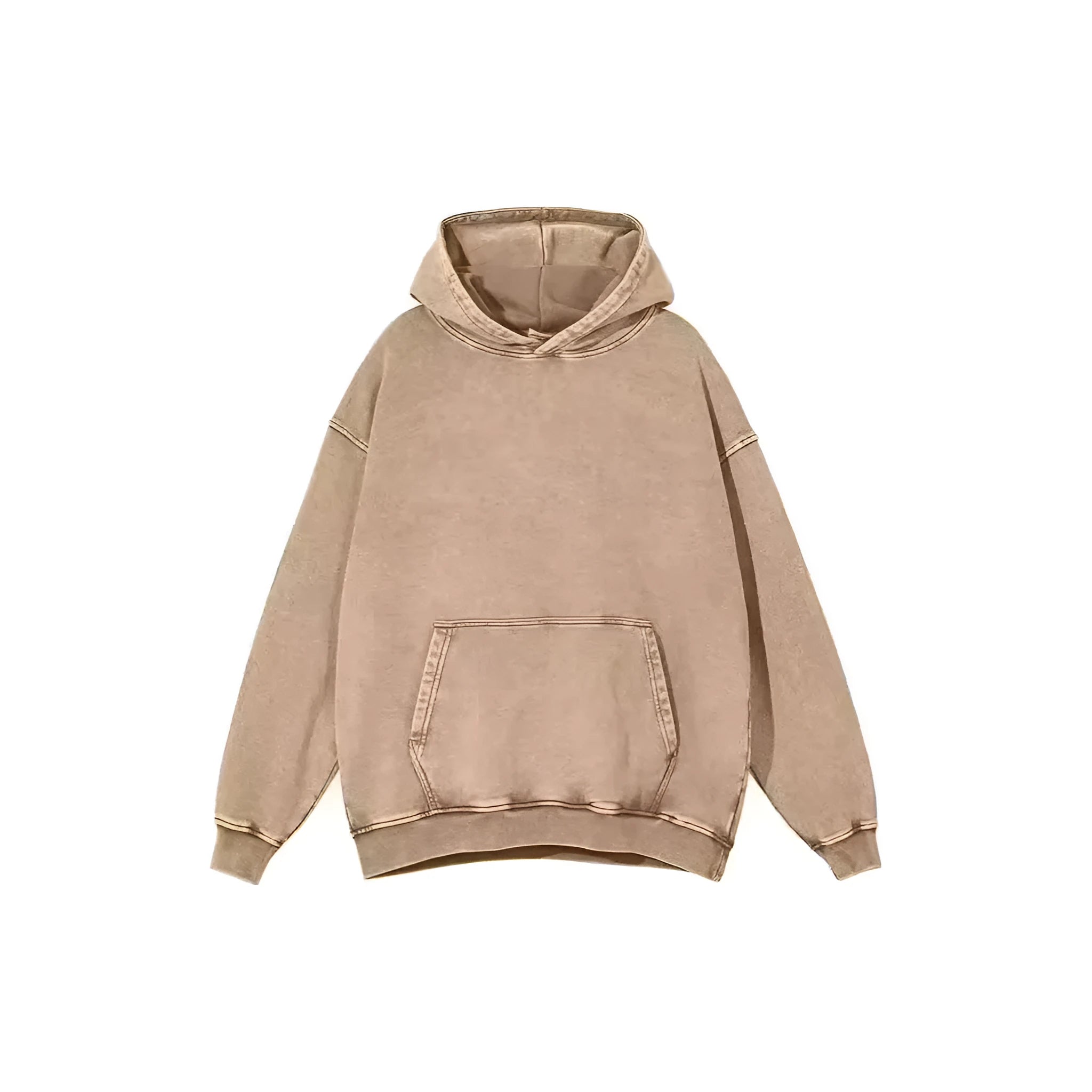 Men's retro washed cotton hoodie pullover in brown, loose fit, batik process, long sleeve, collarless