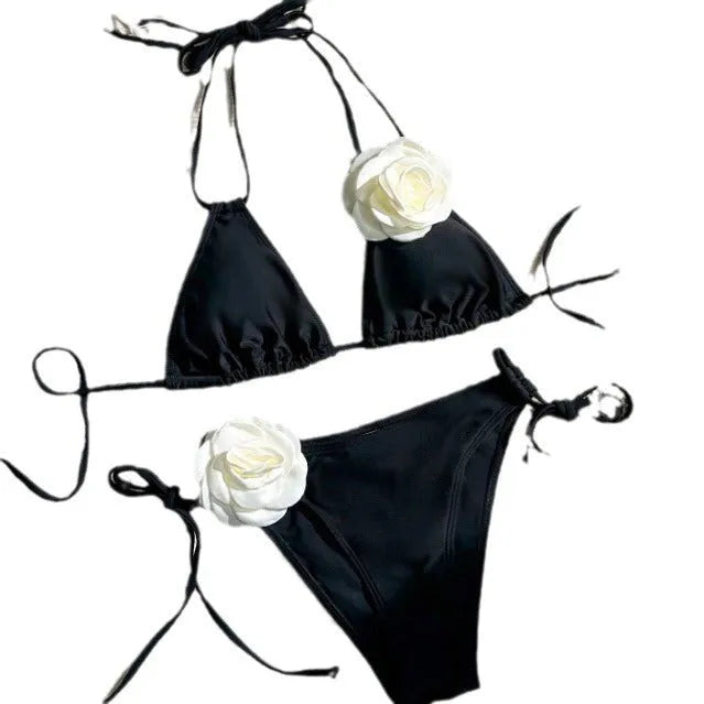 Black 3D flower lace drawstring bikini swimsuit with backless top and shorts on a model