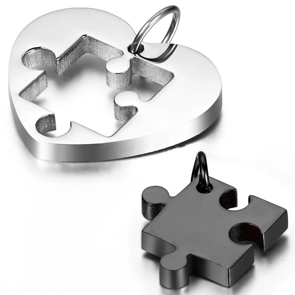 Stainless steel love puzzle pendant necklace for couples in silver finish – 52mm heart shape