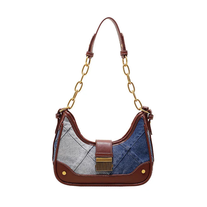 Brown denim women's bucket shoulder bag with chain straps and diamond mesh detailing