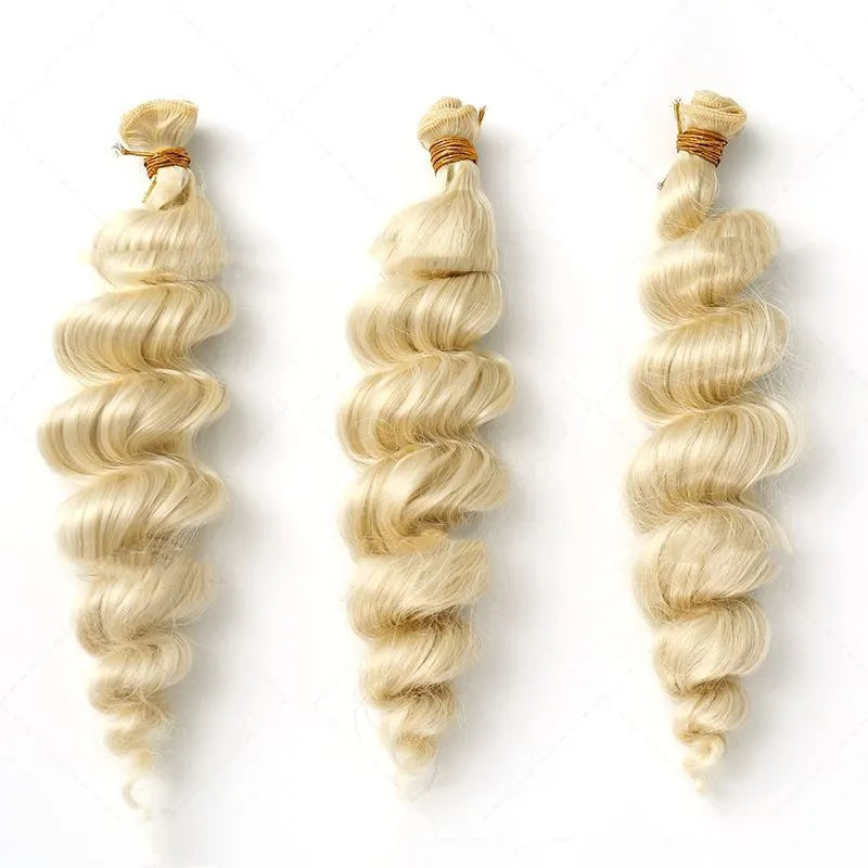 Golden blonde synthetic hair wig for women shown in long length.