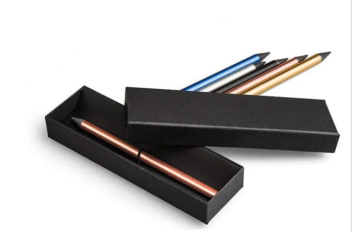 Silver inkless metal pen with 0.5mm alloy nib, spare nib, and fabric pen bag on a box.
